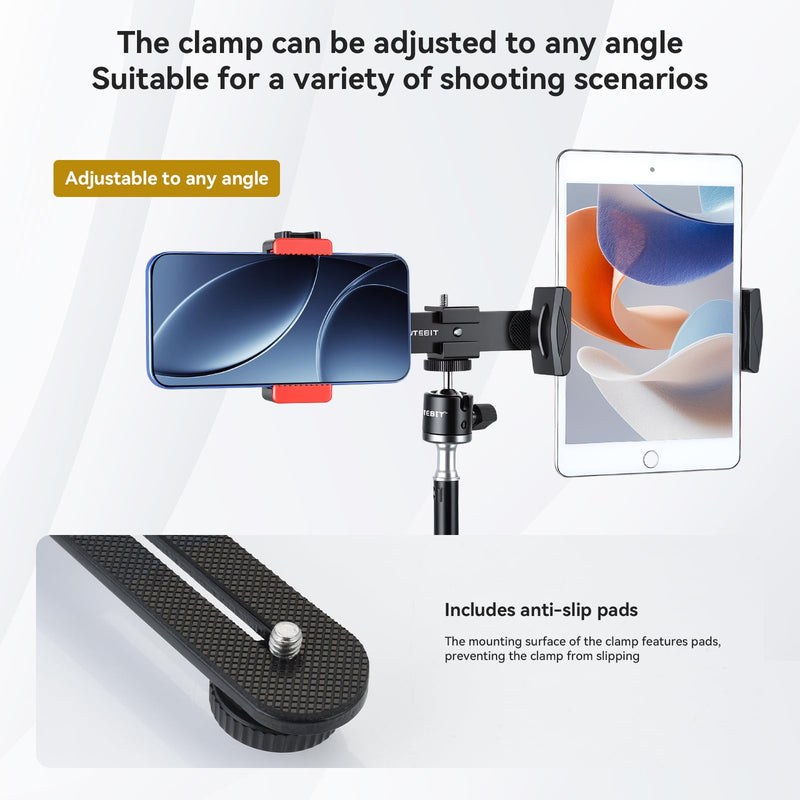 UTEBIT Dual Holder Smartphone and Tablet Tripod Mount Adapter 360° Rotating Ball Head Adjustable Clip Stand Double Phone and Tablet Stand with 1/4'' Screws for Vlogging Video Recording Live Streaming