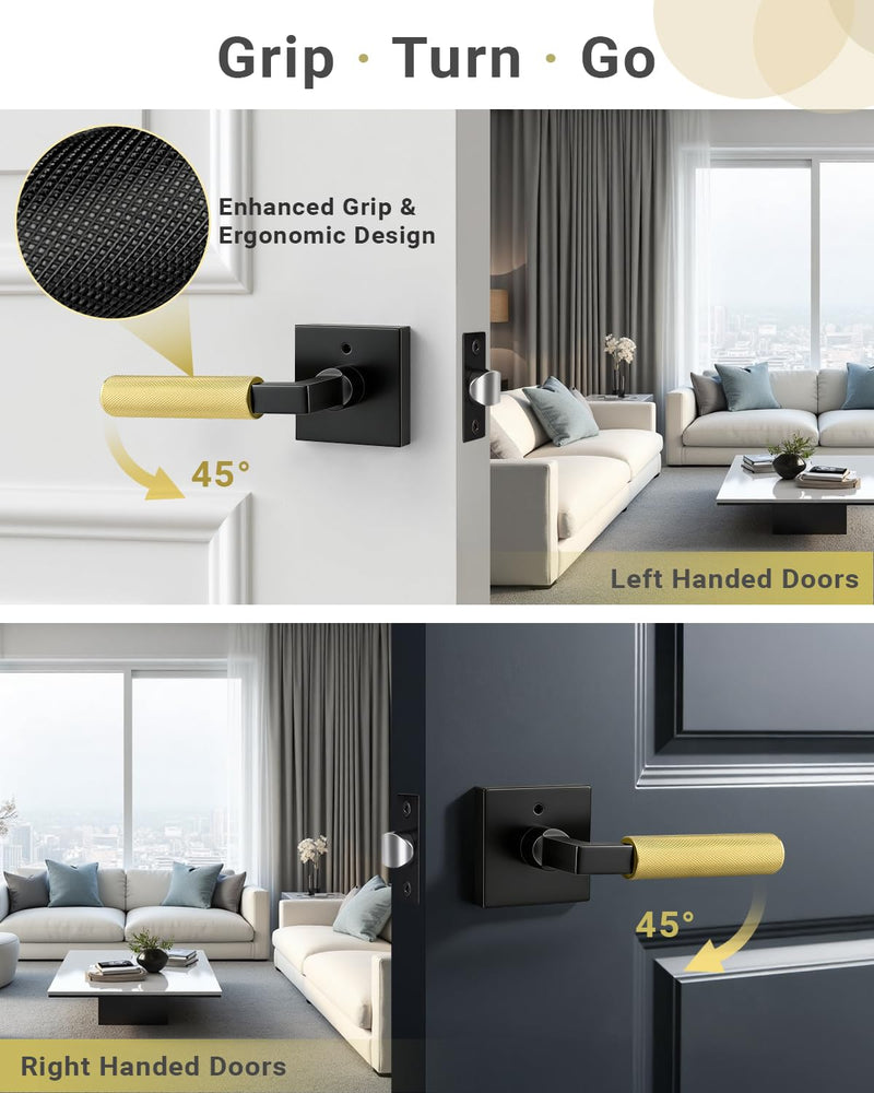 KNOBWELL 1 Pack Gold and Black Door Handle Square Doorknob with Lever Interior Door Lever for Bed and Bath (Push Button) Square Privacy Black and Gold