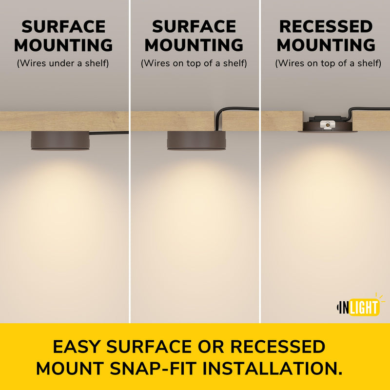 GETINLIGHT 2.75" Wide 2700K Swivel and Dimmable Wired LED Puck Lights Kit, Plug-in or Hardwired Installation, Recessed or Surface Mounted, White Finished, Set of 3, IN-0107-3 3-Pucks Kit