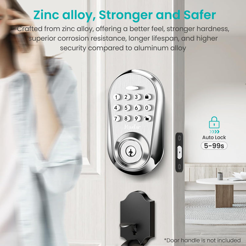 Keyless Entry Door Lock, Keypad Smart Deadbolt for Front Door, Electronic Keypad Code with Auto Lock, One-Time Code, Anti-Peeping Password, Easy Installation, Silver