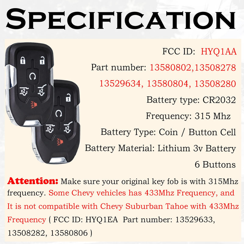 Car Key Fob Replacement Fits for Chevy Suburban Tahoe GMC Yukon/Yukon XL Denali 2015- 2020 Push Start 6 Buttons Smart Keyless Entry Remote Start Control ‎13580804 Set of Two HYQ1AA 13508280