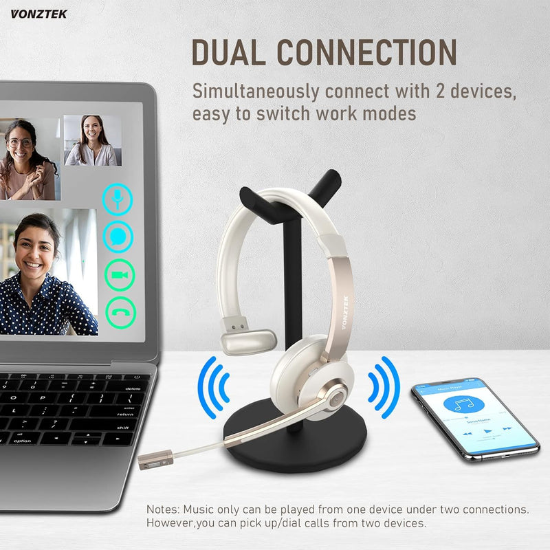 Wireless Headset, Trucker Bluetooth Headset Noise Canceling & Mute | 5.0 Bluetooth Headphones with Mic & USB Dongle for Cell Phone Computer Work Office Teams Meeting Call Center Champagne Gold & White