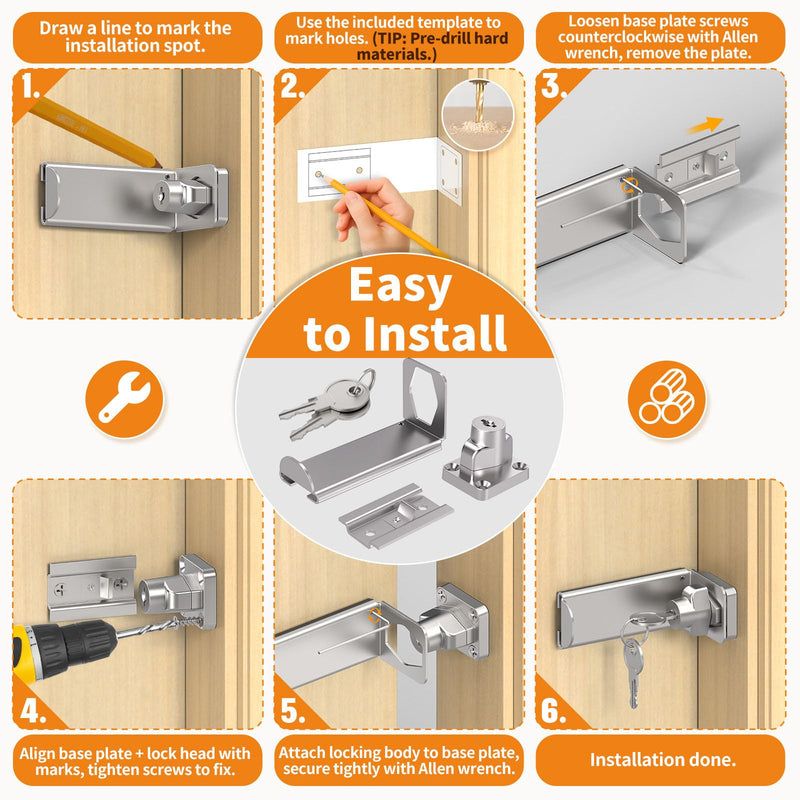 90 Degree Sliding Door Lock, Security Right Angle Hasp Latch Lock, Gate Latch Fit for Barn, Garden, Fence, Patio (Silver, 3.3 in with Key-2 Pcs) Silver