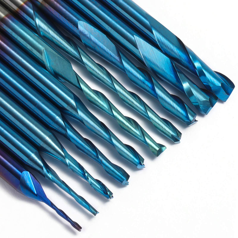 Genmitsu 10pcs 2-Flute Nano Blue Coat Flat Nose Spiral End Mill, 1/8'' Shank, 1.0mm-3.175mm Cutting Diameter, CNC Router Bits for Wood Working Acrylic MDF PVC ABS, FN10A