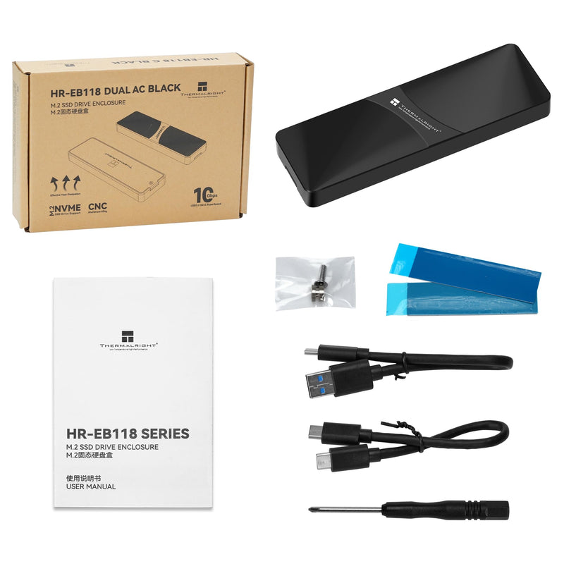 Thermalright M.2 NVMe SSD Enclosure HR-EB118 AC Black | USB3.2 Gen2 10Gbps USB-C External SSD Case, CNC Aluminum Housing, UASP/Trim/S.M.A.R.T, Thermal Pads, 2230-2280, Up to 8TB
