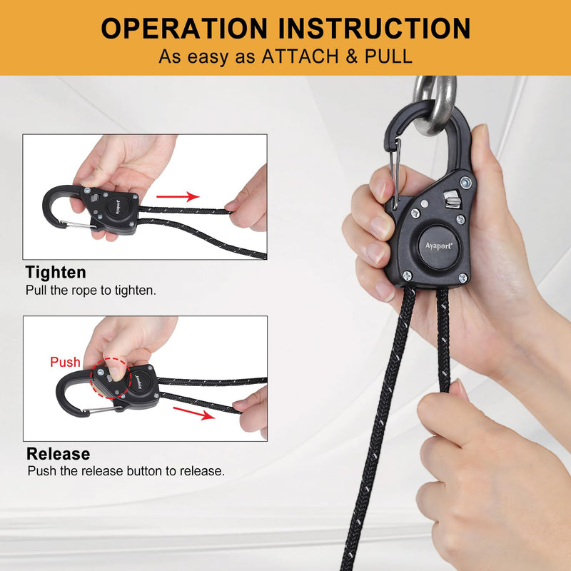 Ayaport Rope Tie Down Ratchet with Carabiner Clip 1/4" x 12' Rope Cord Tightener Heavy Duty Construction Kayak tie Downs for Tent, Tarp, Camping Black 1/4"x12'-2pcs