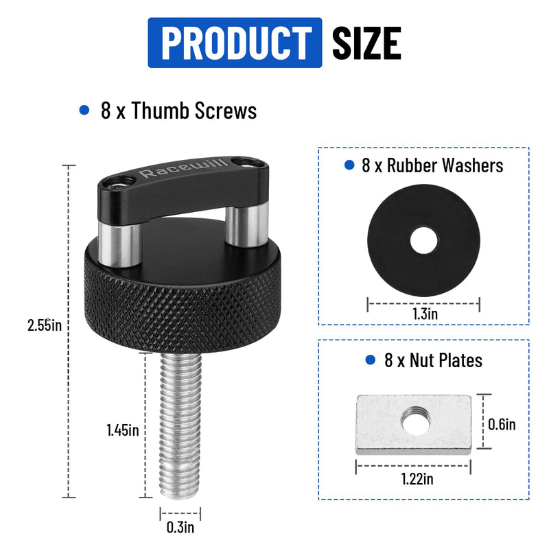 8PCS Black Hard Top Quick Removal Fastener Thumb Screws with Nut Plates Compatible with 2021-2024 Ford Bronco 2dr/4dr, 2007-2022 Jeep Wrangler JK JKU JL JLU/Gladiator JT Black-8 Pack