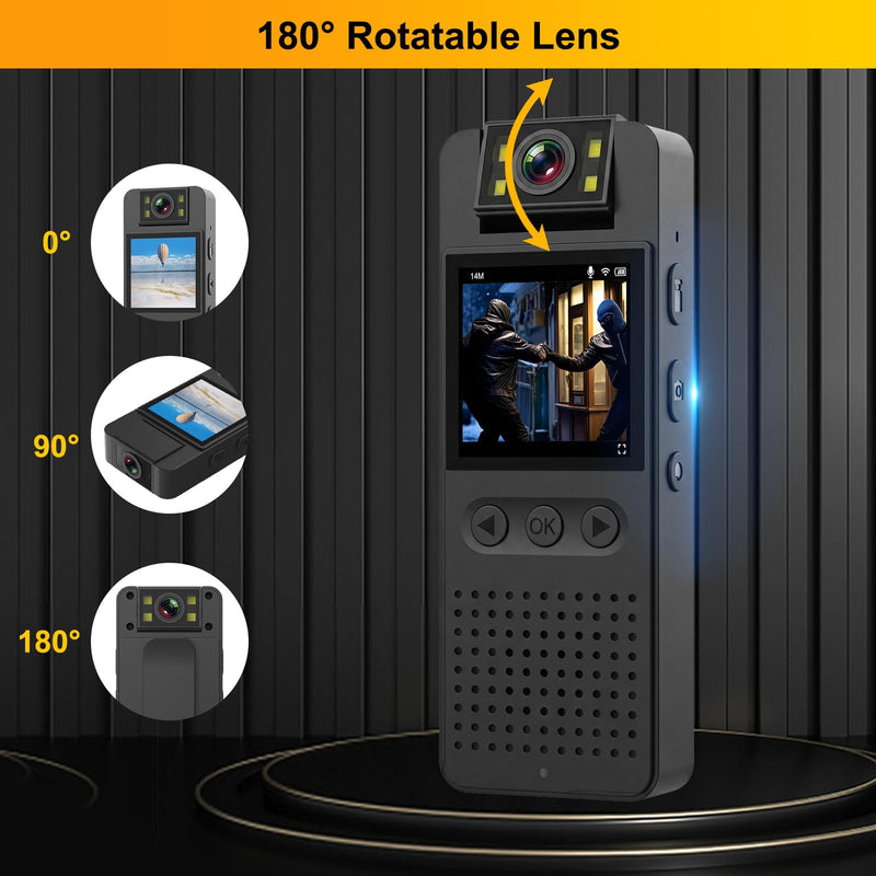 Body Camera with Audio and Video Recording: 64GB Body Cam WiFi Supports, 180° Rotating Lens, 1080P, Night Vision, 7Hr Battery Bodycam, Wearable Pocket Camera for Work, Travel, Pet Walking, Outdoor 64.0 GB