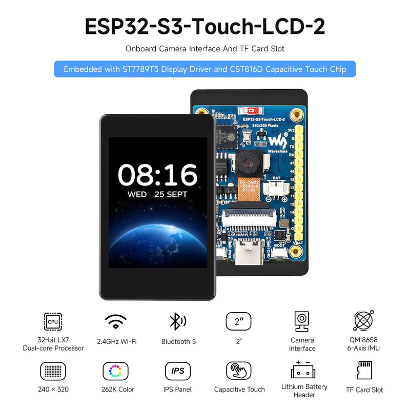 waveshare ESP32-S3 2inch Capacitive Touch Display Development Board, 240×320 Pixels, IPS Panel, 32-bit LX7 Dual-core Processor, Onboard Camera Interfac, Include OV560 Camera