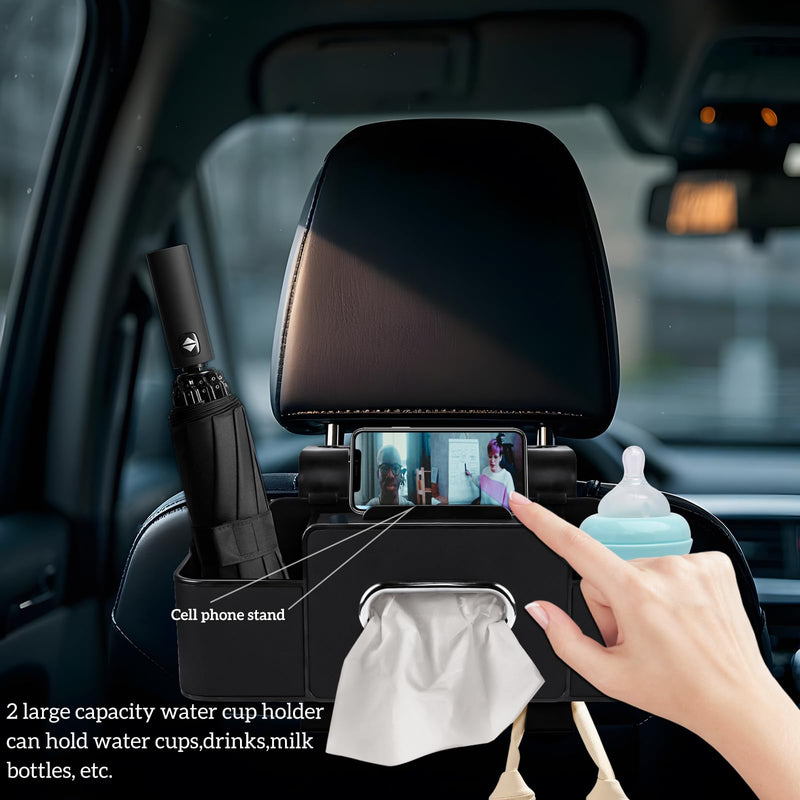Car Back Seat Organizer with Tissue, Car Seat Back Tissue Box and Storage Hook, Multifunctional Car Organizer for Hold Phone,Drinks,Handbag,Compatible with Most Vehicles (Black) Black