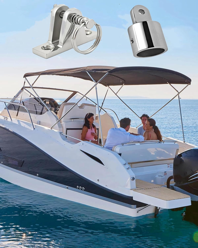 Bimini Top Hardware, Deck Hinge with Quick Release Pin, Eye End Cap, 316 Stainless Steel (2 Pair) White 7/8inch