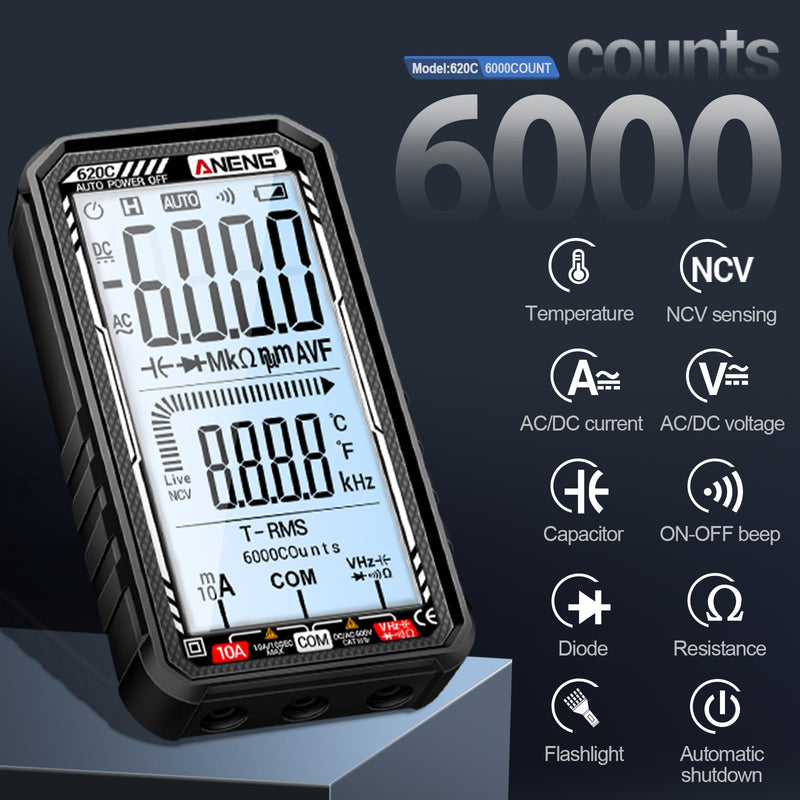Digital Multimeter Tester, Smart Digital Multimeter 6000 Counts with Auto Ranging Digital Voltmeter Measures Voltage Current Resistance Continuity for Electricians,DIY (620C Black) 620C