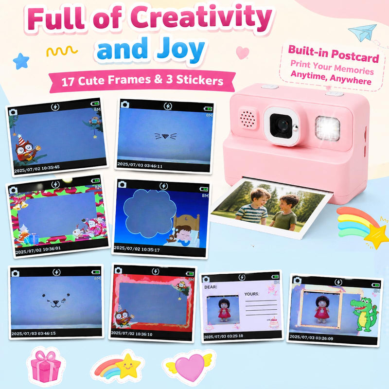 Instant Print Camera for Kids, 1080P Kids Camera Instant Print, Christmas Birthday Gifts for Kids Girls Age 3-12, Toddler Toy for 3 4 5 6 7 8 9 10 Year Old with 4 Roller Photo Paper (Pink) Pink