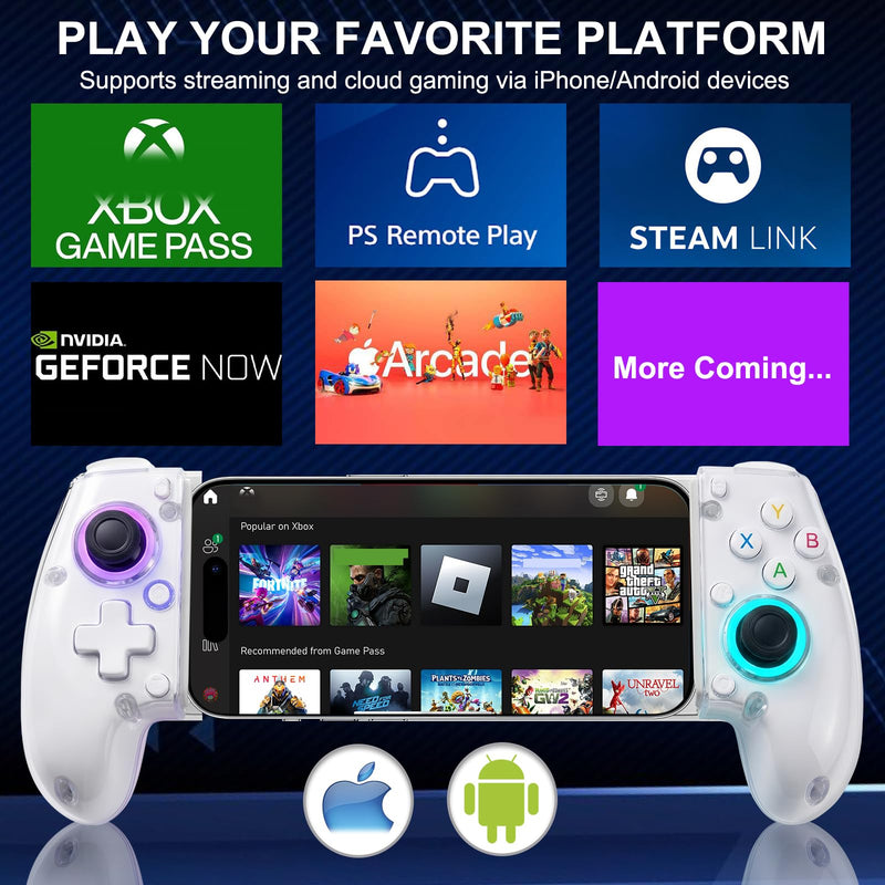 Phone Controller for iPhone 17/16/15/Android/PC/Switch, Wireless Mobile Gaming Controller with 8-Color RGB Lighting, Turbo, Bluetooth Gamepad Joystick Remote Play for PS5/PS4/Xbox/PC, Cloud Gaming