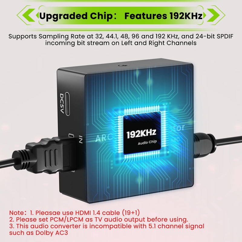 192KHz ARC Audio Extractor, HDMI ARC to Toslink/Optical+3.5mm AUX Output, HDMI to Optical Audio Adapter with Optical Cable, ARC to RCA Audio Converter for TV Amplifier Speaker/Soundbar/Headset