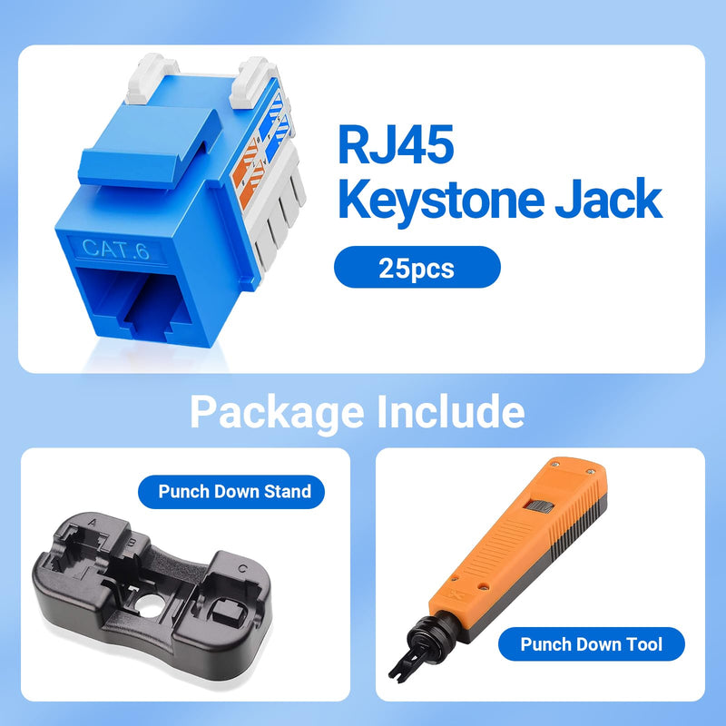 10Gbps Cat6 Keystone Jacks 25-Pack, RJ45 Keystone Jack, Ethernet Keystone Jack in Blue with Punch-Down Tool and Punch-Down Stand for Wall Plate