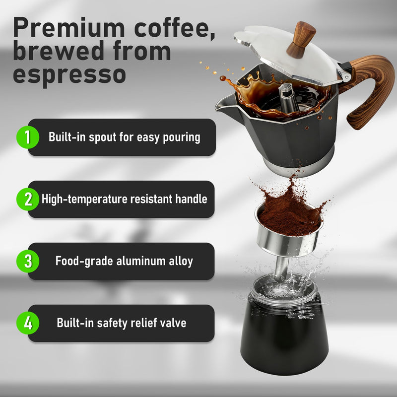 Moka Pot Espresso Coffee Maker, 300ml-6 Cups Espresso Maker, Easy To Use And Clean, Camping Home Use,Suitable For Mocca Puccino Coffee (Black) Black