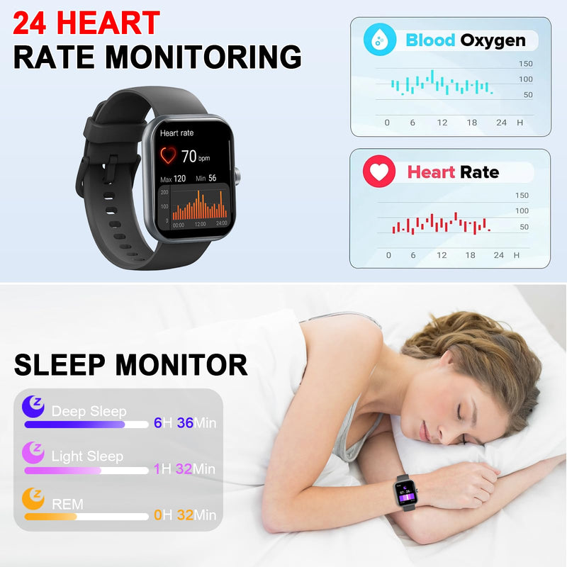 Jugeman Smart Watch for Men Women, 1.96" HD Smartatch(Answer/Make Calls), 113+ Sport Modes, Activity Fitness Tracker with Heart Rate/Sleep Monitor/Pedometer/Calories, IP68 Waterproof for Android iOS A-Black
