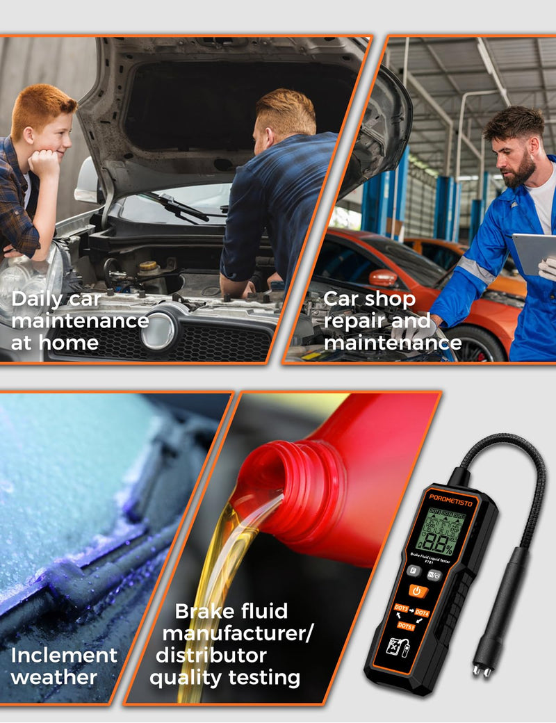 Brake Fluid Tester POROMETISTO FT01, Brake Fluid Moisture Tester with 8.5-Inch Corrosion Resistance Probe, Brake Fluid Detector with Flashlight, Data Hold, Backlight Alarm for DOT3, DOT4, DOT5.1-Black