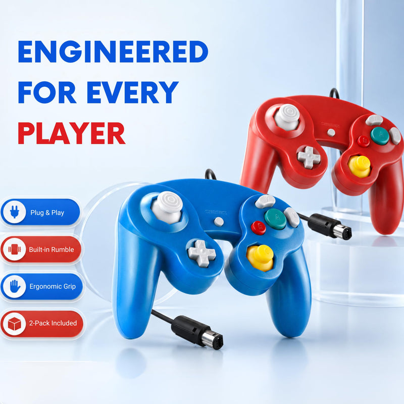 Hopevry 2 Pack Gamecube Controller | Wired Controller for Wii & Gamecube | Red & Blue Wii Classic GameCubes Controller