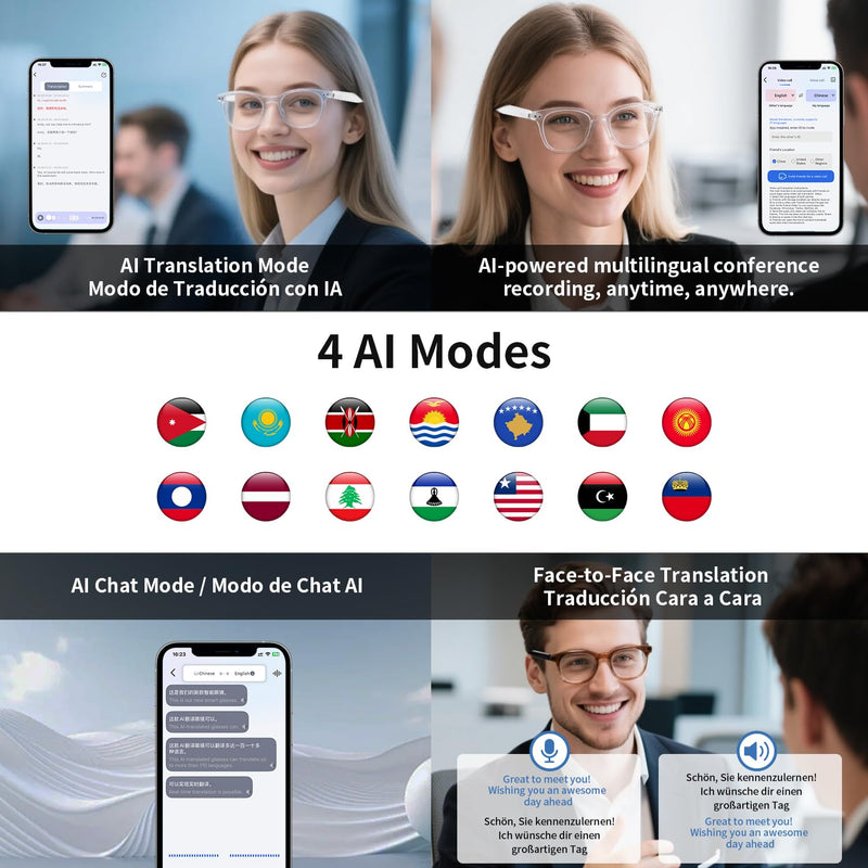 AI Smart Glasses for Men & Women, AI-Powered By Translation, Noise Reduction, Open Ear Audio Mic & Speakers, Translation Glasses with Color-Change Lenses, Support 169 Languages, Business/Travel(Brown) GS07 AI version smart glasses-Brown