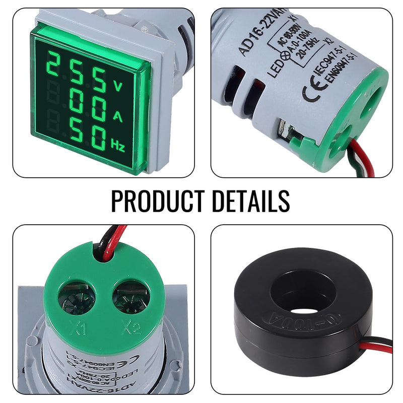 3pcs 3 in 1 60-500V 0-100A AC Digital Ammeter Voltmeter, 22mm Square Digital Tube Screen with Transformer, LED Display Voltage Detector Current Tester Gauge(Green) Green 3 in 1 Square