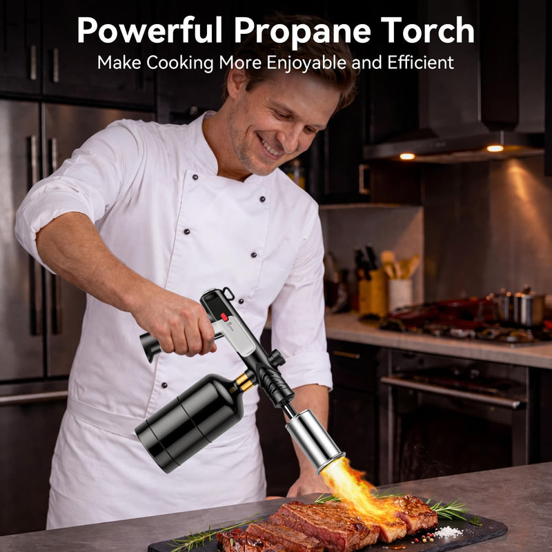 Propane Torch with Felt Storage Pouch, One-Tap Max Flame, Safety Lock, Adjustable Precision Flame, Kitchen Blow Torch Gun for Sous Vide, Searing Steak, BBQ Grill, Camping (Tank Not Included) Silver