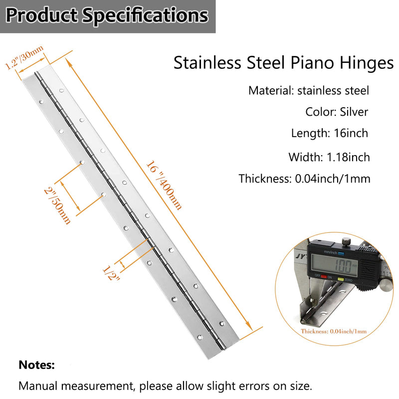 6 PCS 16 Inch Continuous & Piano Hinges, 1.2'' Open Width Heavy Duty Stainless Steel Long Hinge, 0.04'' Thickness Folding Hinges for Storage Boxes, Cabinets, Door, Piano, Wood Furniture,Silver 6PCS-16IN Silver