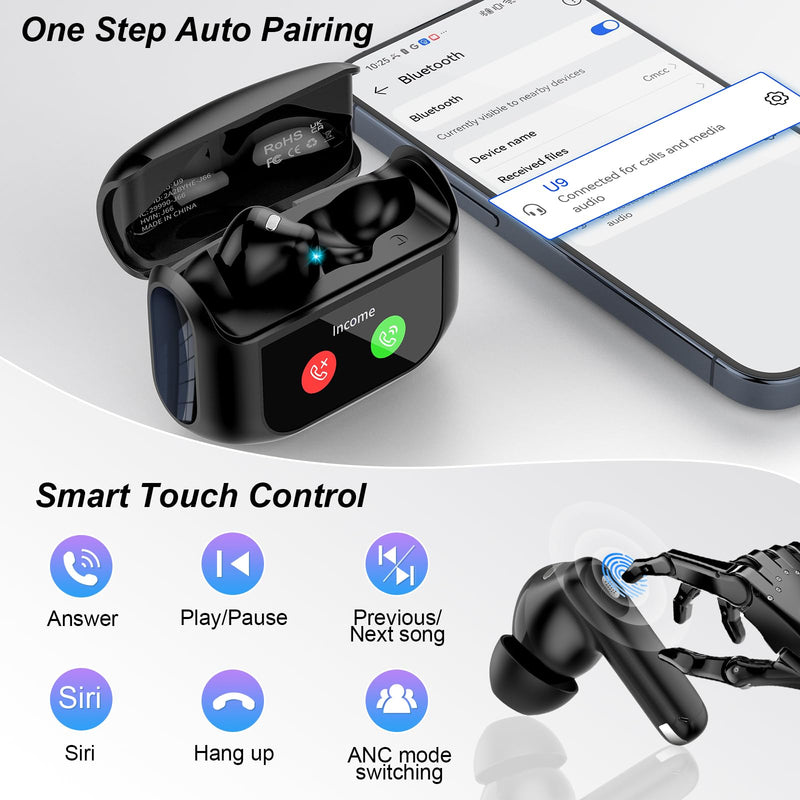 Wireless Earbuds, AI Translation Earbuds Real Time Touch Screen | 5 EQ Modes, 48H AI Ear Buds with ANC Noise Cancelling/Transparency Mode, IPX7 Waterproof, 164 Language/7 Translation Modes Premium Black