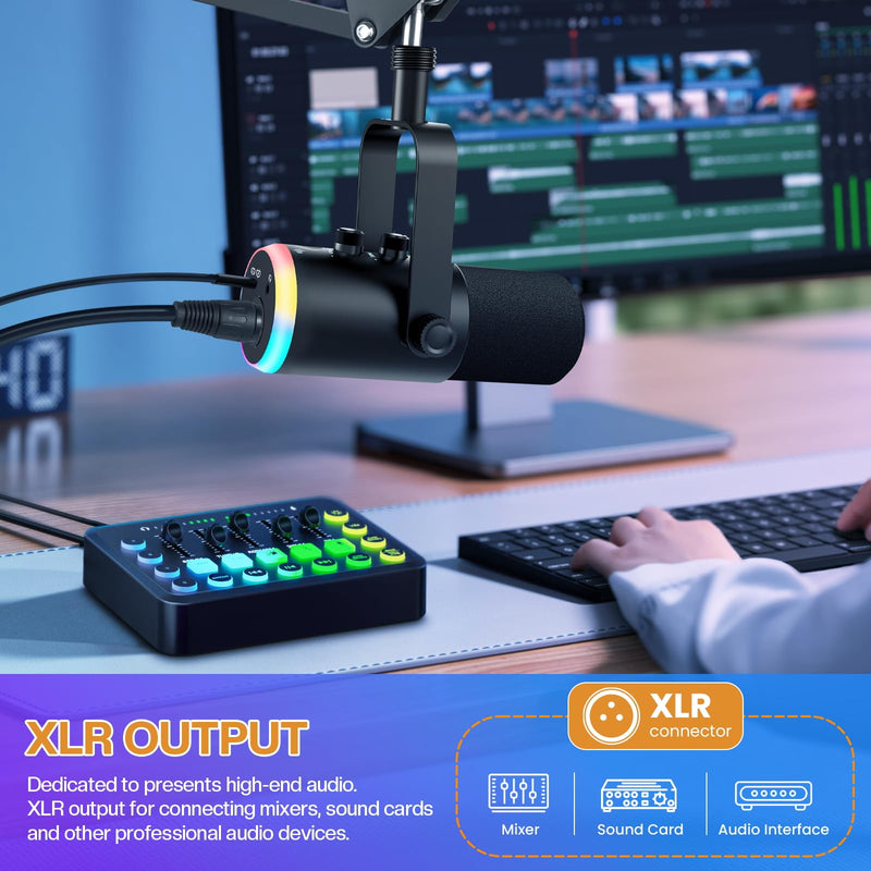 XLR USB Dynamic Microphone with RGB Light, Volume Control, Mute Button, Echo Function, Headphone Monitoring Jack. Compatible with Mixers, Sound Cards, MAC, PC Black