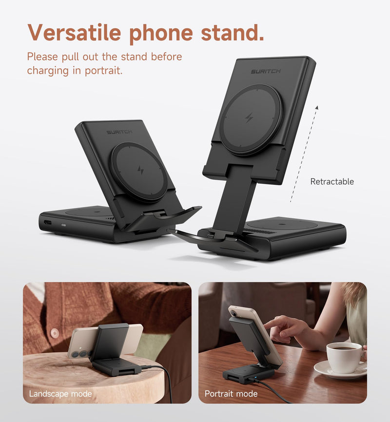 SURITCH for Samsung 3-in-1 Wireless Charging Station, Ultra-Portable Charging Dock Stand for Galaxy S26/S25/S24/S23/S22/S21/Note/Z Fold Flip, Galaxy Watch 8/7/6/5/4/3/Buds, Black