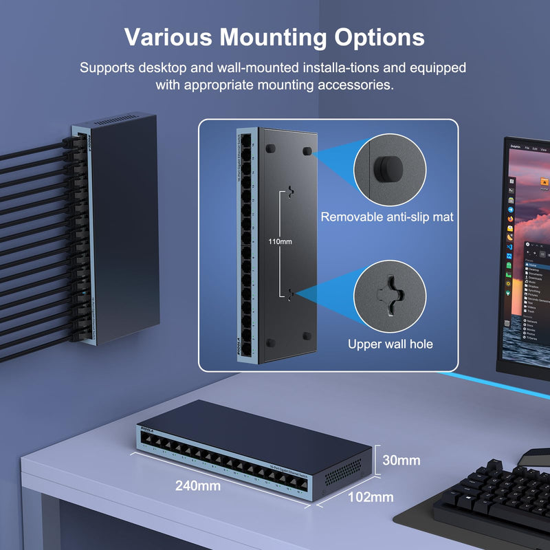 【Upgrade】 SODOLA 16 Port Gigabit Ethernet Switch,Plug & Play, Shielded Ports, Metal Housing, Fanless Design Unmanaged Network Switch