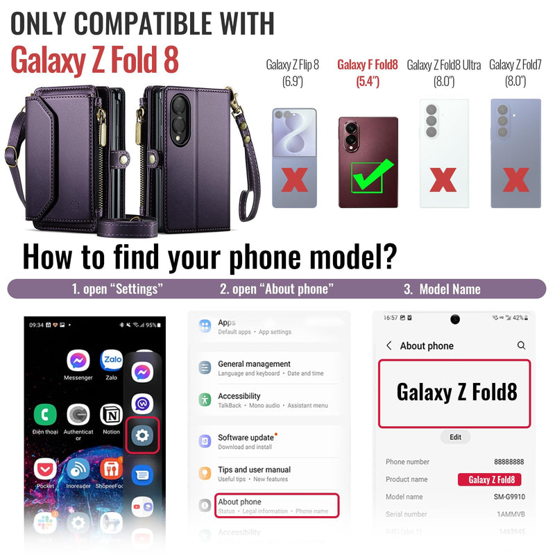 Strapurs for Samsung Galaxy Z Fold 8 - Zipper Strap Wallet Case, Purple | RFID Blocking 6-Card Holder, Shoulder Lanyard, Wirst Strap, Zipper Pocket, Magnetic Snap, PU Leather, Phone Cover for Women