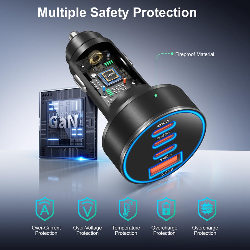 98W Car Charger USB C, 4 Port Fast Cigarette Lighter USB Charger with Cable | 4 in 1 Fast Charging Cigarette Lighter Adapter,Dual PD 30W Type C Car Charger for iPhone 17/16/15 Pro Max,Galaxy,Pixel,iPad Black