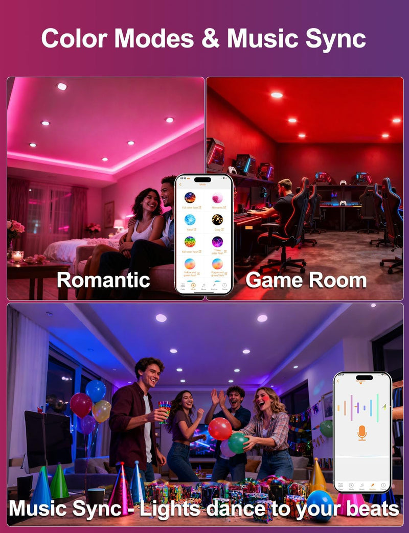 iLC 4 inch LED Recessed Lighting Color Changing, Work with Alexa (Alexa speaker Required), APP Controlled, RGB Canless Recessed Lights, 16 Million Colors, 2700K-6000K,10W,900LM, Bluetooth Mesh,6 Packs 4inch 6.0