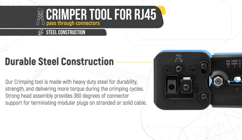 Everest Media Solutions RJ45 Crimp Tool Kit, with 50 Cat6 Pass Through Connectors and 50 Strain Relief Boots + Extra Blades - EZ Cut, Strip, Crimp Ethernet Cables - Professional Network Crimping Tool w/ Cat6 Plugs & Boots