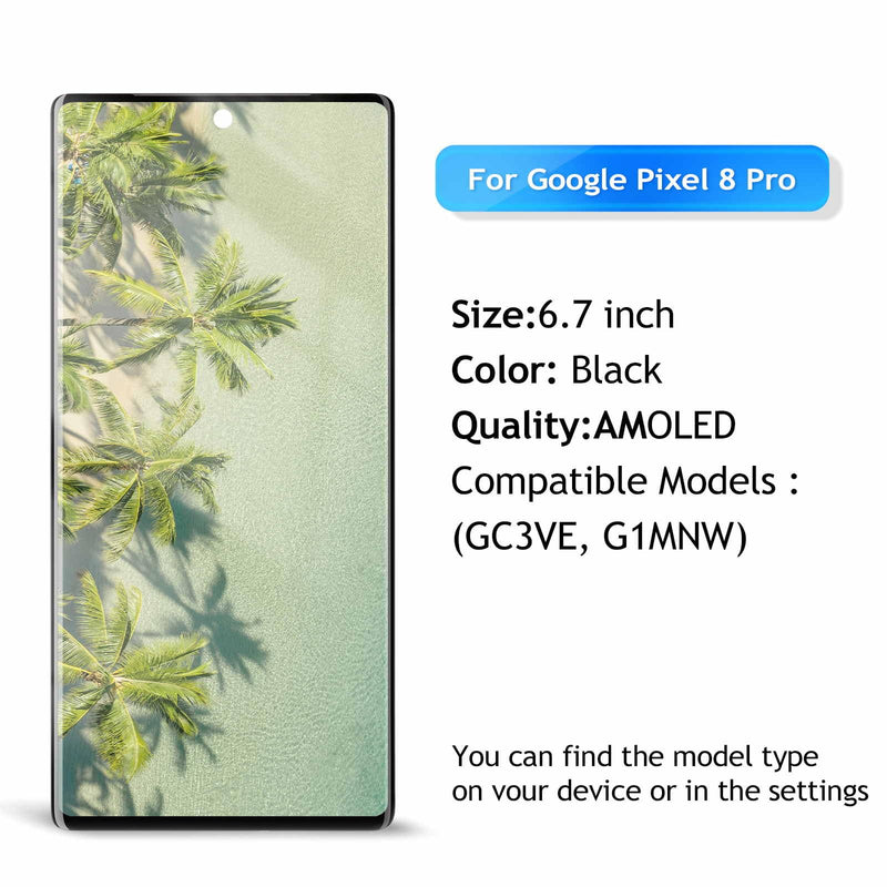 AMOLED for Google Pixel 8 Pro LCD Screen Replacement for Google Pixel 8 Pro LCD Display Touch Screen Display Assembly Repair Kits with Frame GC3VE, G1MNW (Fingerprint Cable Transfer Required)