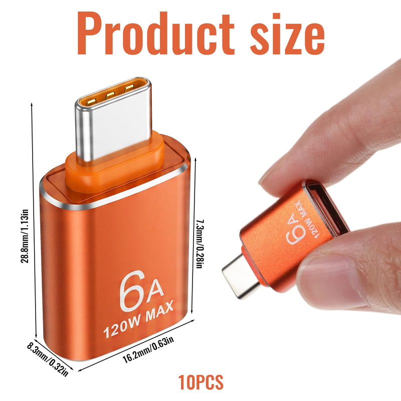 10 Pcs Type C Male to USB Female Charger, USB C to USB3.1 Adapter | 10Gbps/120W USB Female to USB C Male Adapter for Smartphone PC Laptop Tablet Keyboard (Orange)
