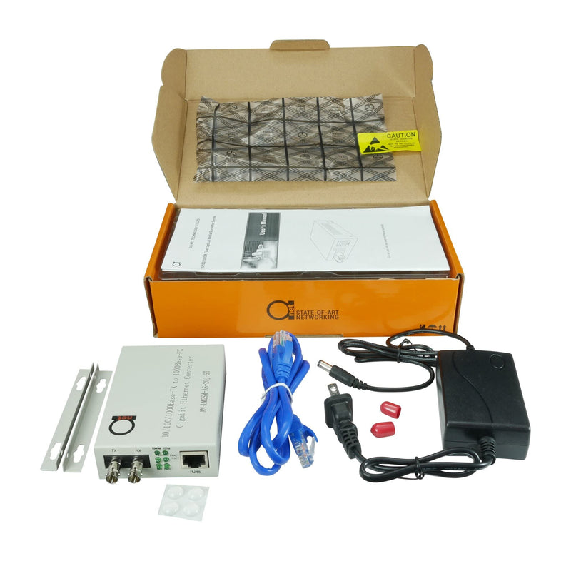 Single Mode ST Gigabit Fiber Media Converter - Built-in Fiber Module 20 km (12.42 Miles) ST – to UTP Cat5e Cat6 10/100/1000 RJ-45 – Auto Sensing Gigabit or Fast Ethernet - Jumbo Frame - LLF Support