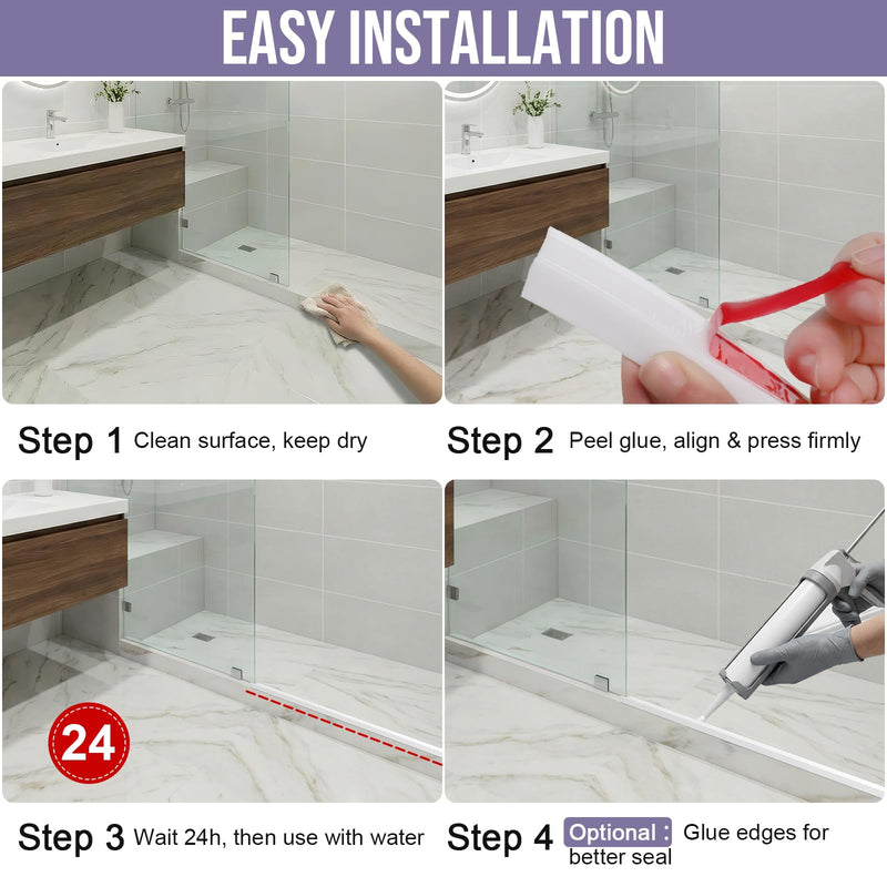 Shower Threshold Water Dam Barrier - Versatile, Silicone Shower Water Guard Stopper Seal Strip for Bathroom Floor, Bathtub Rim, Kitchen Countertop (White, 59 In/ 1.5M) White