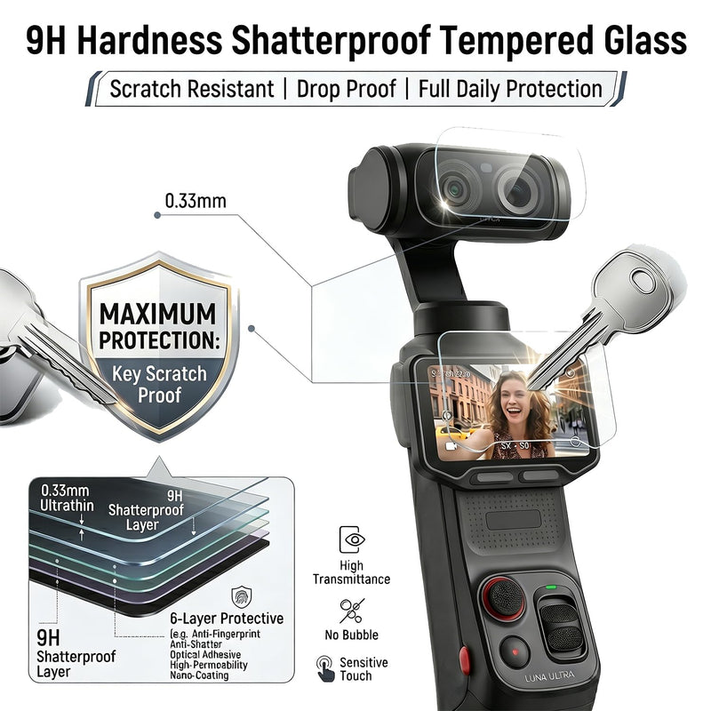 Screen Protector for Insta360 Luna Ultra - 2 Pack | Ultra HD, 9H Hardness, Scratch Resistant, Tempered Glass LCD Display Film, 2 x Lens Protector + 2 x LCD Screen Protector