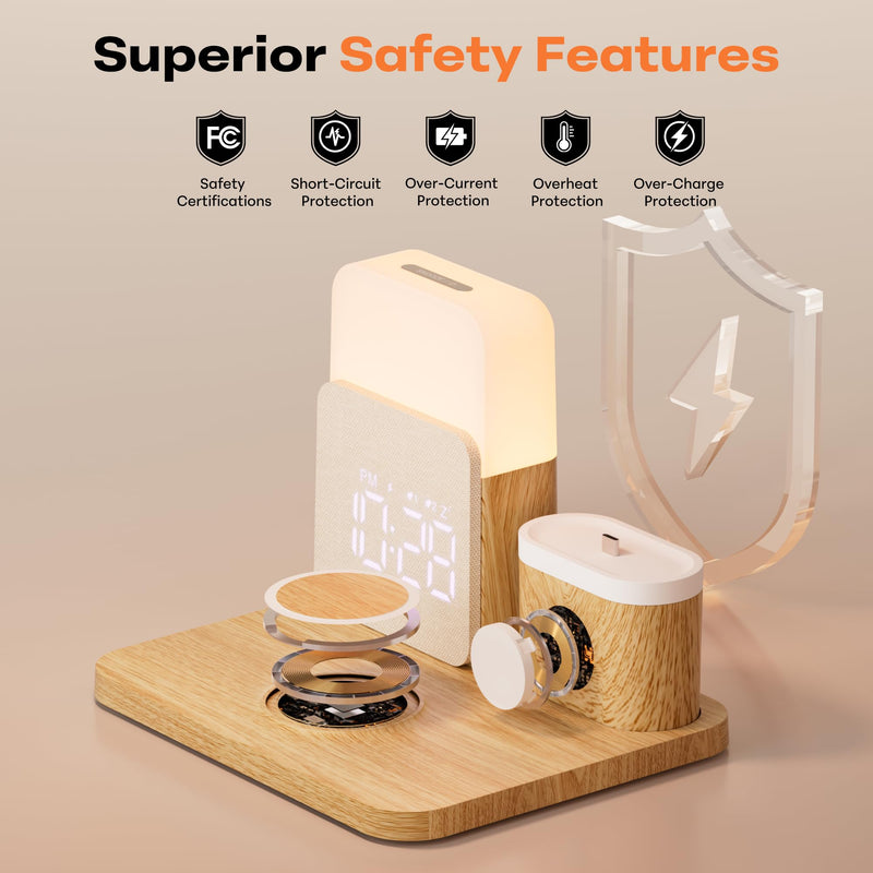 7 in 1 Wireless Charging Station, 25W Charger with Alarm Clock Night Light | 25W Bedside charging stand compatible with iPhone 17/16/15/14/13/12 Pro Max, Apple Watch, AirPods for bedroom daily use Wood