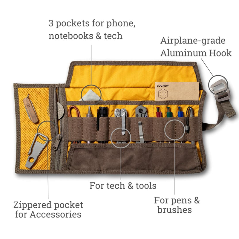 LOCHBY® Art & Electronic Organizer | EDC Roll-Up Tool Bag for Pen Lovers & Tech | Multi-Pocket with Elastic Loops for Pens, Cables, External Hard Drives | Stylish Waxed Canvas & Durable Aluminum Hooks Brown