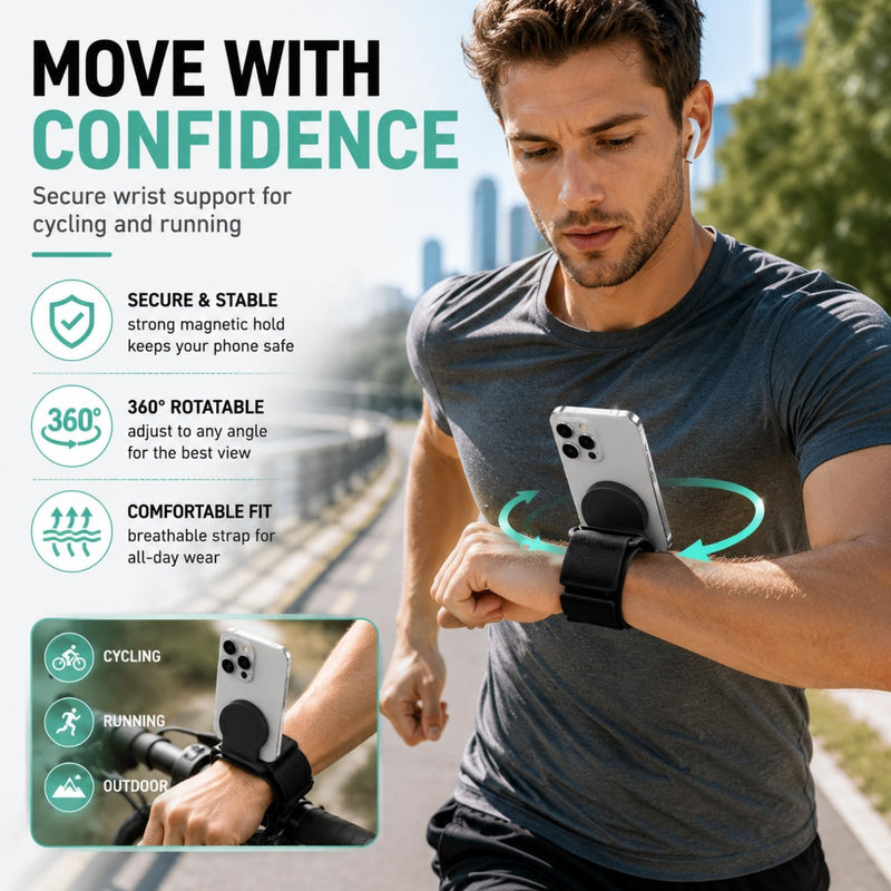 Wristband Phone Holder,Wrist Phone Holder,Phone Wrist Holder,Phone Arm Bands For Running,Running Phone Holder,No Screen Blocking, 360° Rotating Wrist Phone Mount Fits 4–6.7" Phones(Magnetic Wristband)