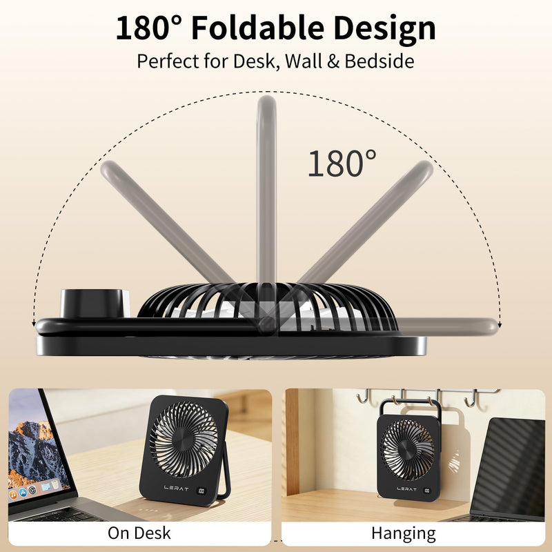 Lerat Portable Desk Fan, Small USB Rechargeable Fan with LED Display, 5-Speed Ultra-Quiet 180° Foldable Mini Fan for Summer Cruise Travel, Cooling Gifts for Women Girls Kids (Black) Black