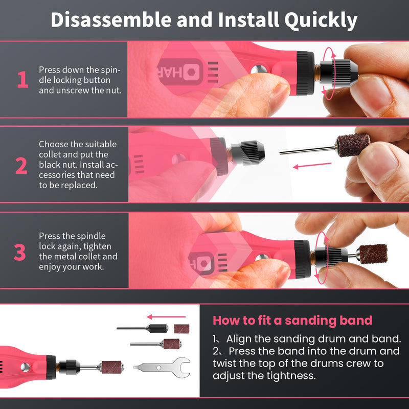HARDELL Mini Cordless Rotary Tool, 5-Speed 3.7V Rechargeable Rotary Tool Kit with 129Accessories, USB Charging Multi-Purpose DIY Tool for Sanding, Polishing, Drilling, Engraving, Woodworking(Pink 129) Pink-129 accessories