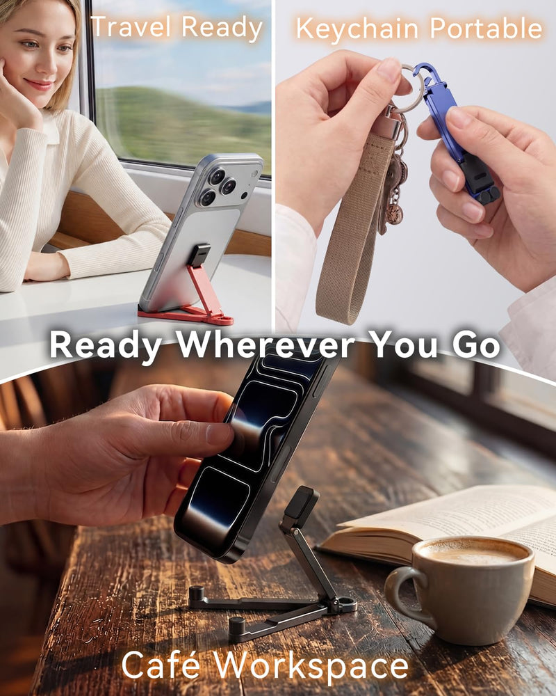 Portable Phone Stand, Foldable EDC Keychain Phone Holder with Snap Hook, Mini Aluminum Travel Cell Phone Stand for iPhone and Smartphones Under 8 Inches(Gray) Gray