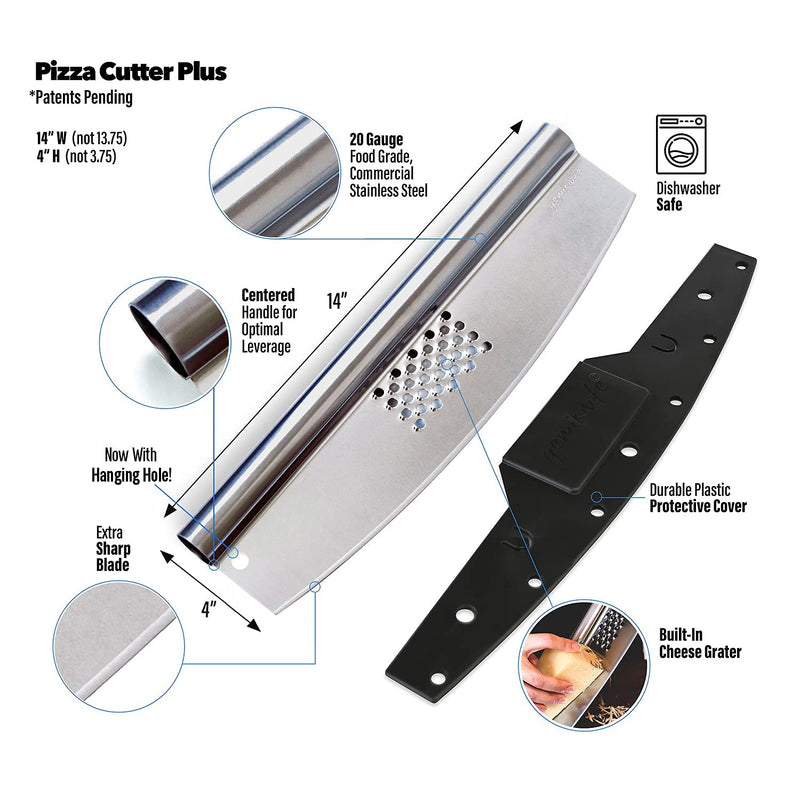 gemiknife Pizza Cutter Plus. Premium 14” Sharp Rocker Slicer + Built In Cheese Grater. Thick & Sturdy Stainless Steel Blade + Centered Handle + Protective Knife Cover + Dishwasher Safe.