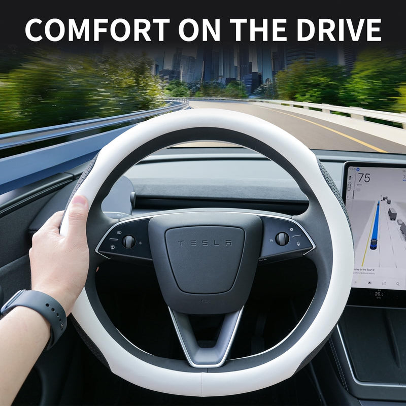  [AUSTRALIA] - Premium Leather Steering Wheel Cover for Tesla Model 3/Y 2016-2025 2026 Juniper/Highland, Non-Slip Breathable Tesla Model 3/Y Steering Wheel Protector, White