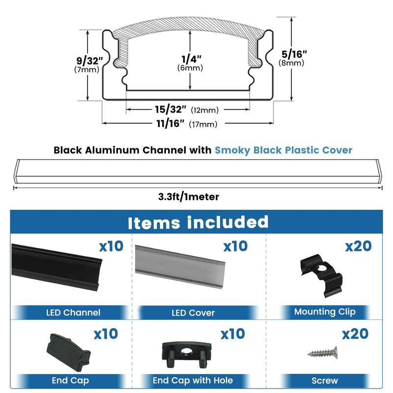Muzata 10Pack 3.3FT/1M LED Channel Black Aluminum U Shape LED Strip Channel with Transparent Smoky Black Cover Easy Installation U1SW BB 1M 1M 10P